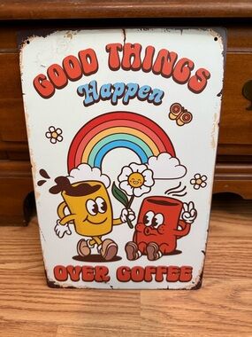 Good Things Happen Over Coffee Retro Wall Art - Red & Yellow